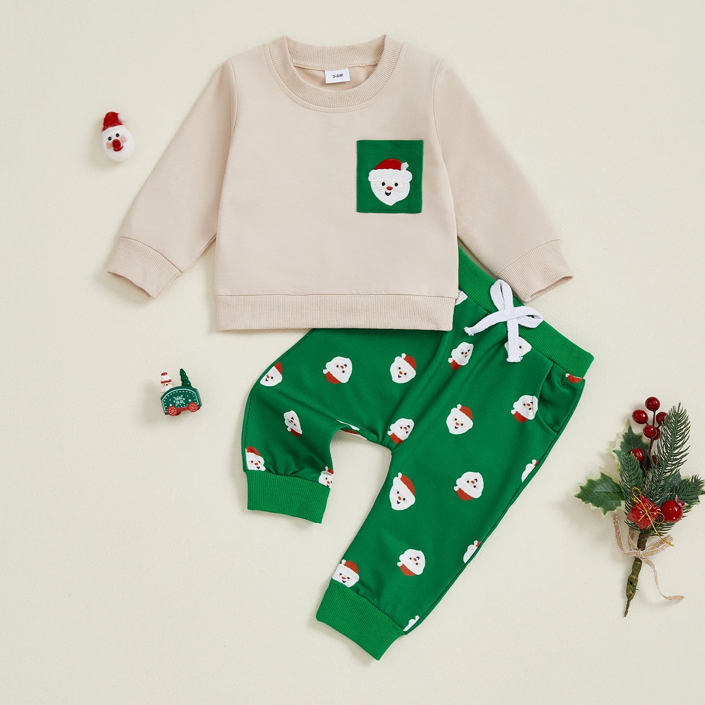 Baby Boys Christmas Gingerbread Outfit Set - Long Sleeve O-Neck Top & Drawstring Pants (0-3Y)