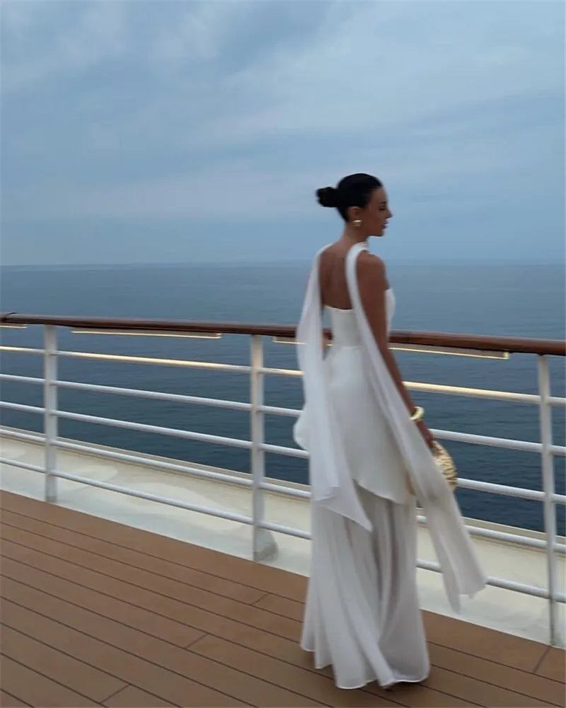 Women's Elegant Strapless Maxi Gown With Scarf Off-shoulder Sleeveless Backless Split Beach Long Dress