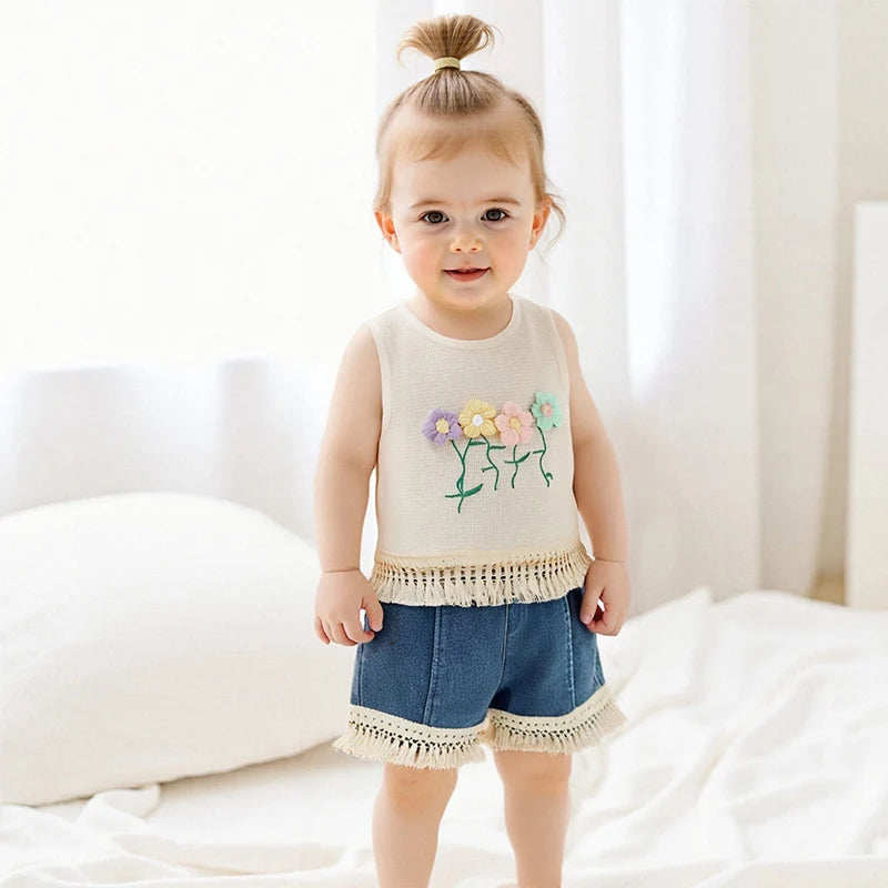 1-5Y Kids Girls Summer Clothes Sets Sleeveless Floral Embroidery Tasseled Tank Top and Elastic Denim Shorts