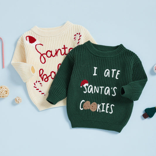 Baby Christmas Sweater - Letter Embroidery Round Neck Pullover Knitwear