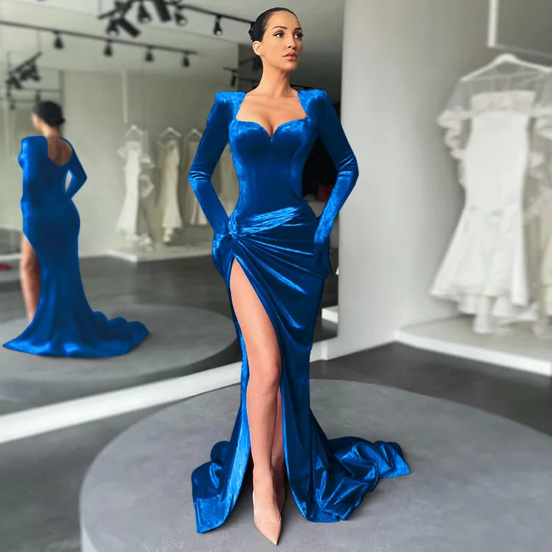 Women's Gown Long Dress - Gloves Sleeve Velvet Slit Maxi Ruched Dress