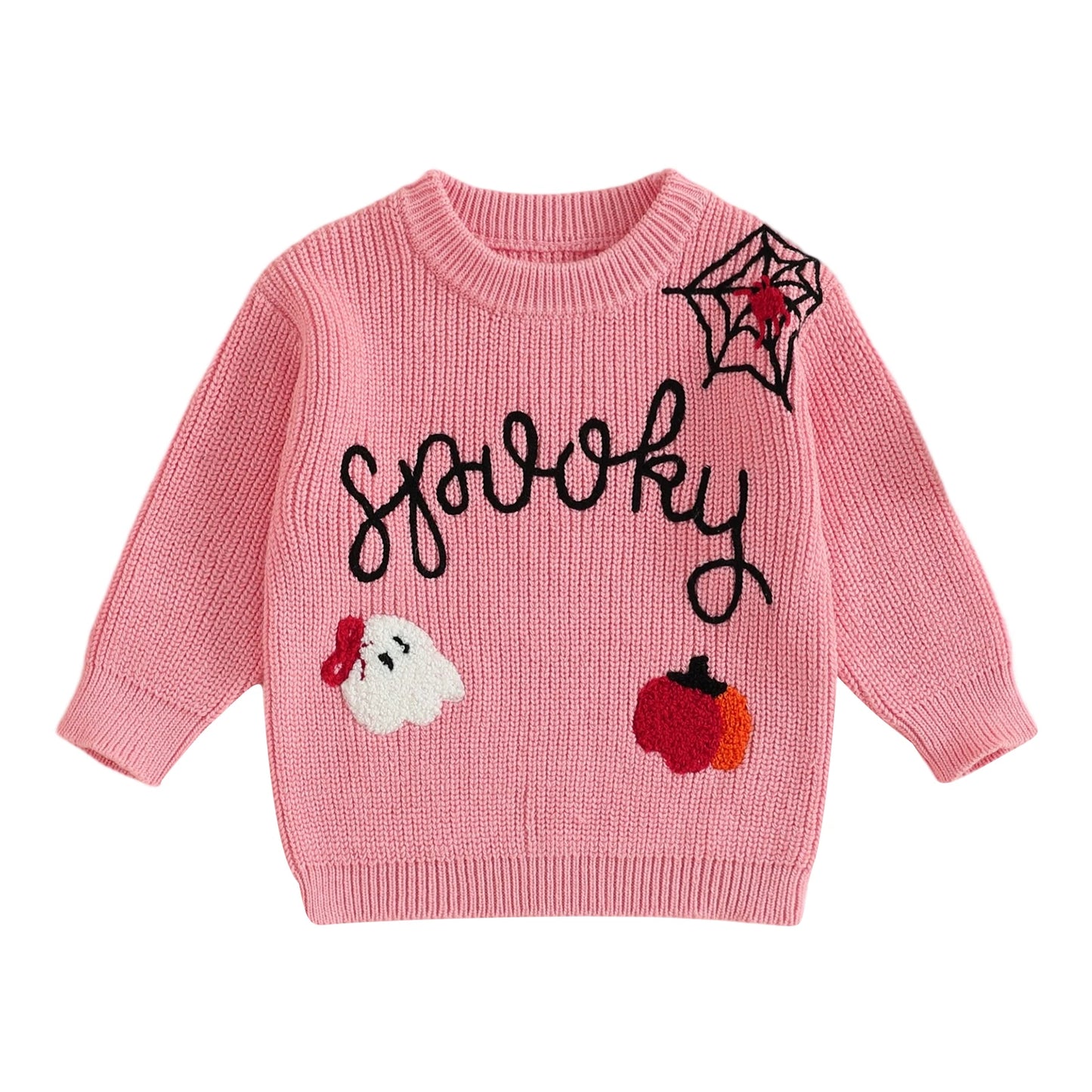 Baby Halloween Knit Sweater - Letter Ghost Pumpkin Spider Web Embroidery