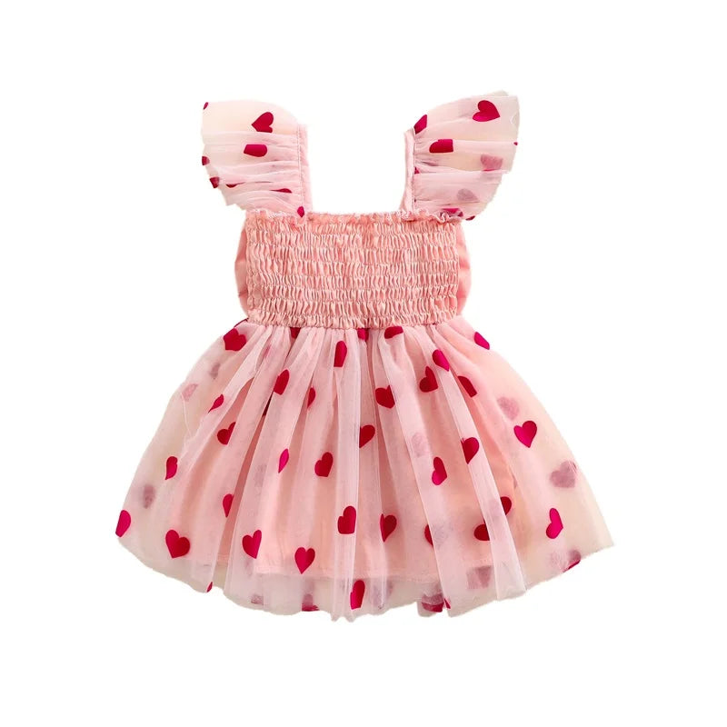 Little Girls' Princess Tulle Dress - Heart Print Ruffles 3D Bow Mesh Tutu