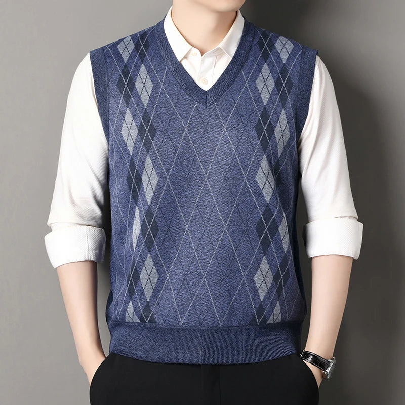 Autumn Winter Argyle Plaid Knit Vest - Fleece Sleeveless Waistcoat