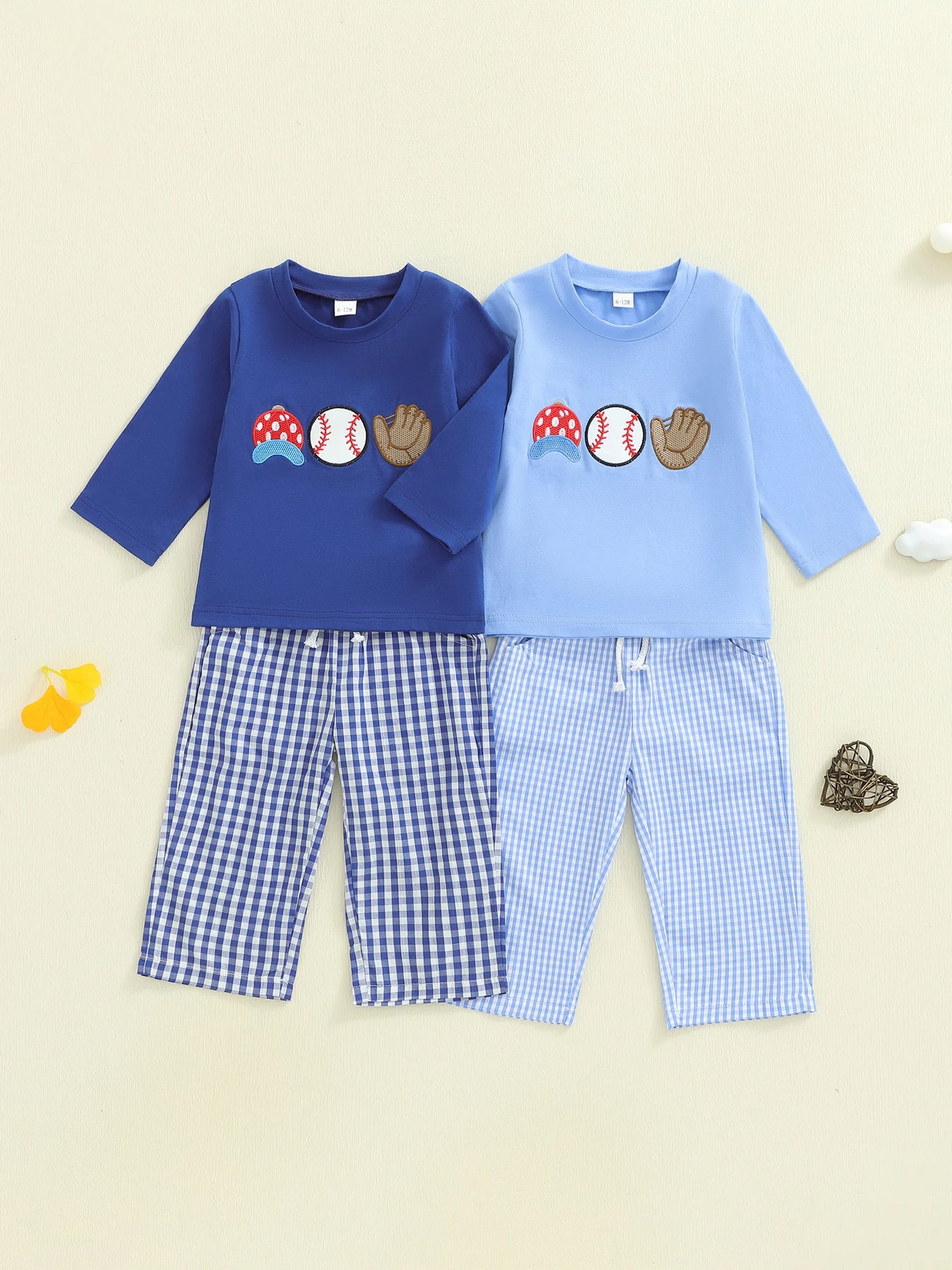 Autumn Winter Baby Boys Clothing Set - Baseball Embroidery Sweatshirt & Plaid Pants