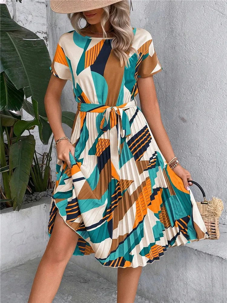 Women's Floral Pleated A Line Long Spring Summer Short Sleeve High Waist Chic Dress