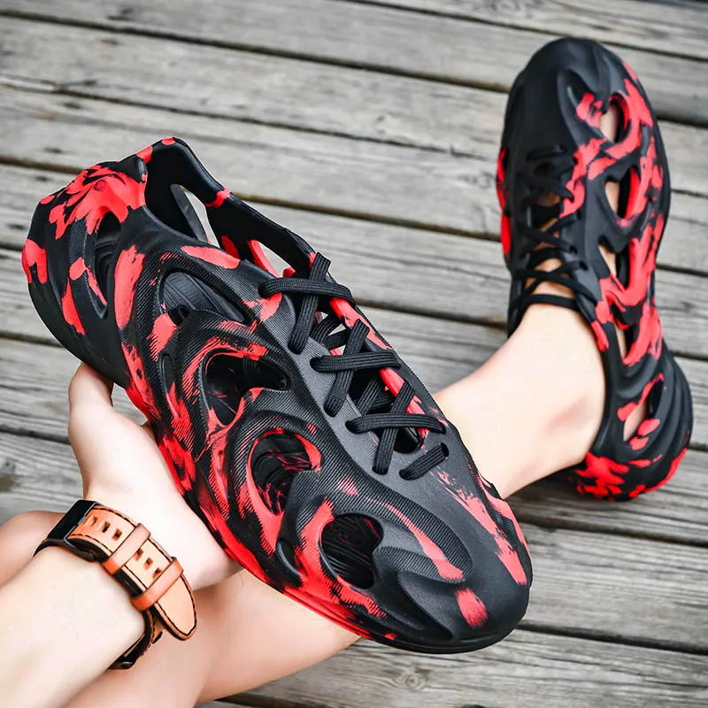 Men's Slippers Camouflage Design Platform Sandals Lace Up Beach Slippers Casual Outdoor Crocs Clogs