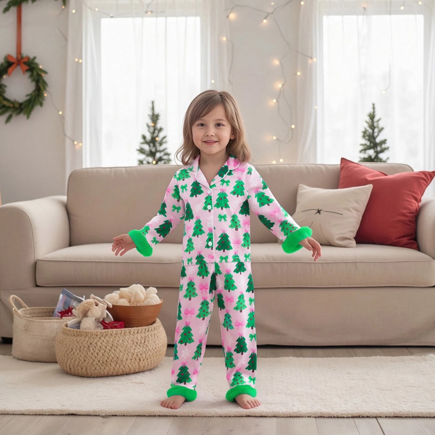 Kids Girls Christmas Satin Pyjamas Set - Tree Print Button Down Top & Pants (0-7Y)