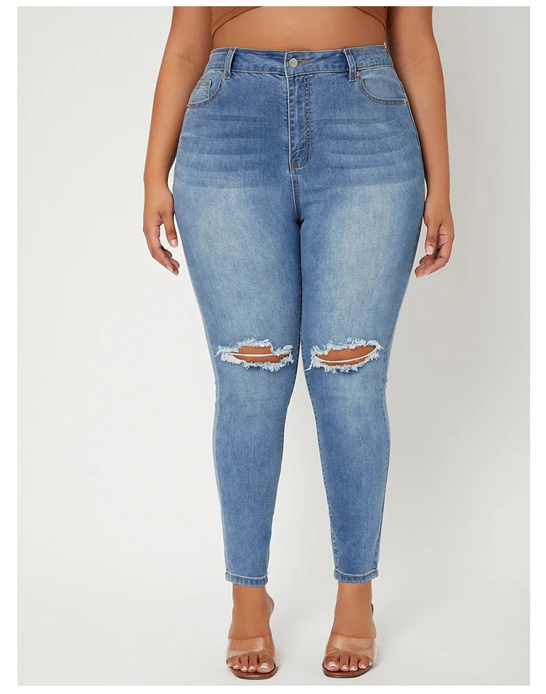 Women's Plus Size Ripped High Waist Stretchy Denim Jeans