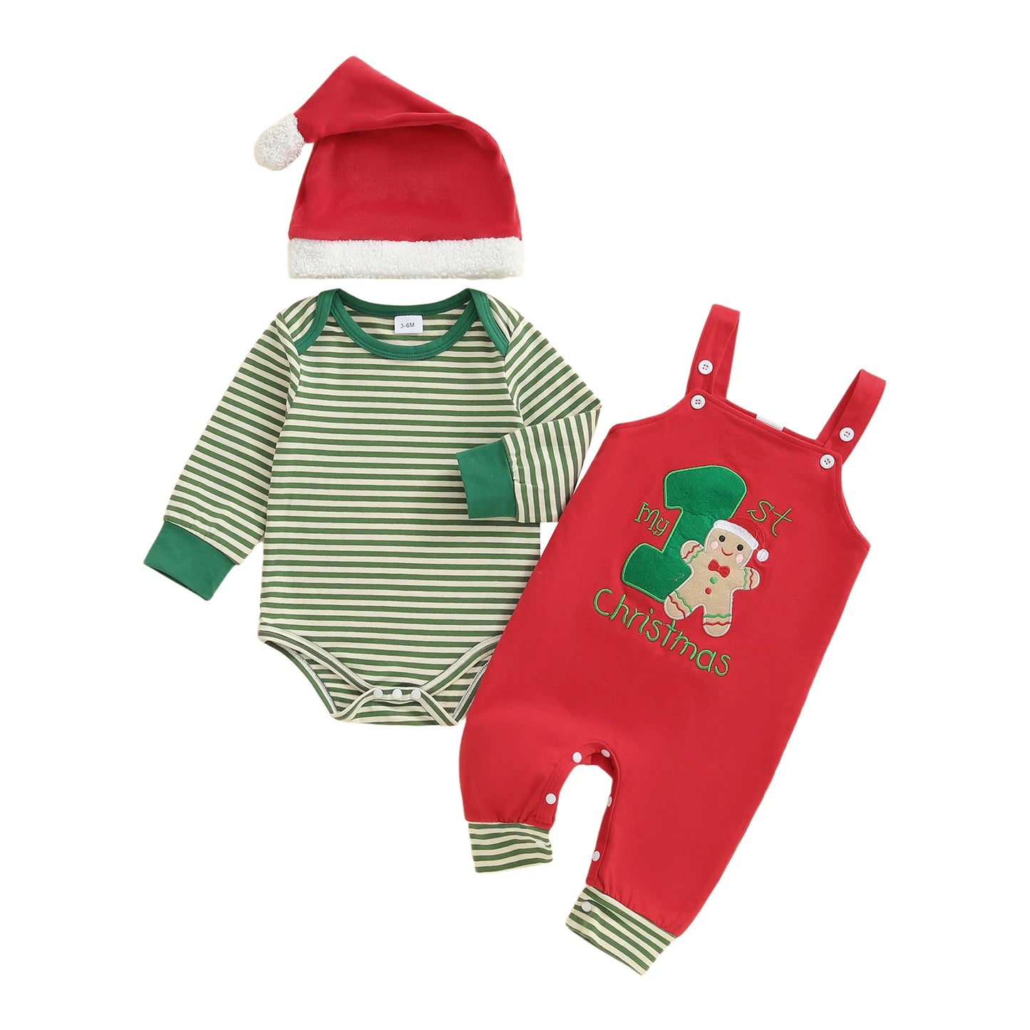 Newborn Baby Boys Fall Winter Christmas Clothes Set - Stripe Long Sleeve Romper, Embroidery Overall Pants & Hat