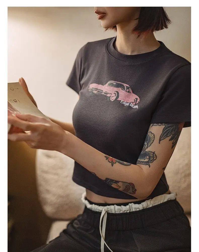 Women's Vintage Racing Print Crop Top - Y2K Style Short Sleeve Tee