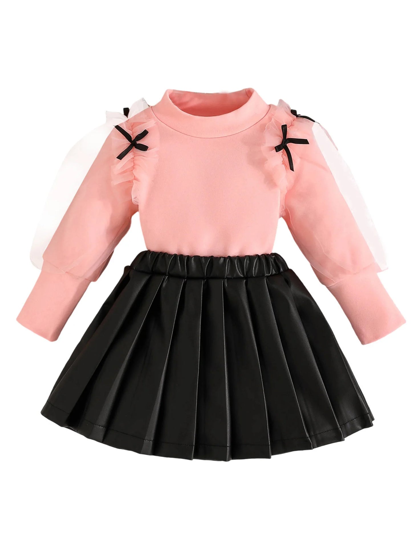 Toddler Kids Girls Fall Clothes Set - Mesh Bow Mock Neck Long Sleeve Top & Pleated Skirt
