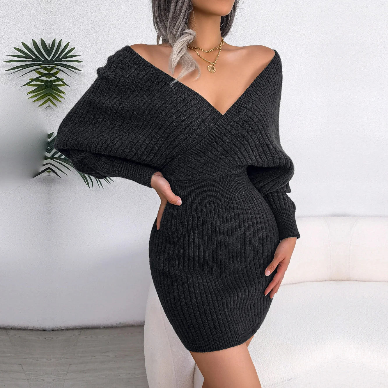 Women's Autumn Winter Cross V Neck Batwing Sleeve Casual Wrap Hip Woollen Dress