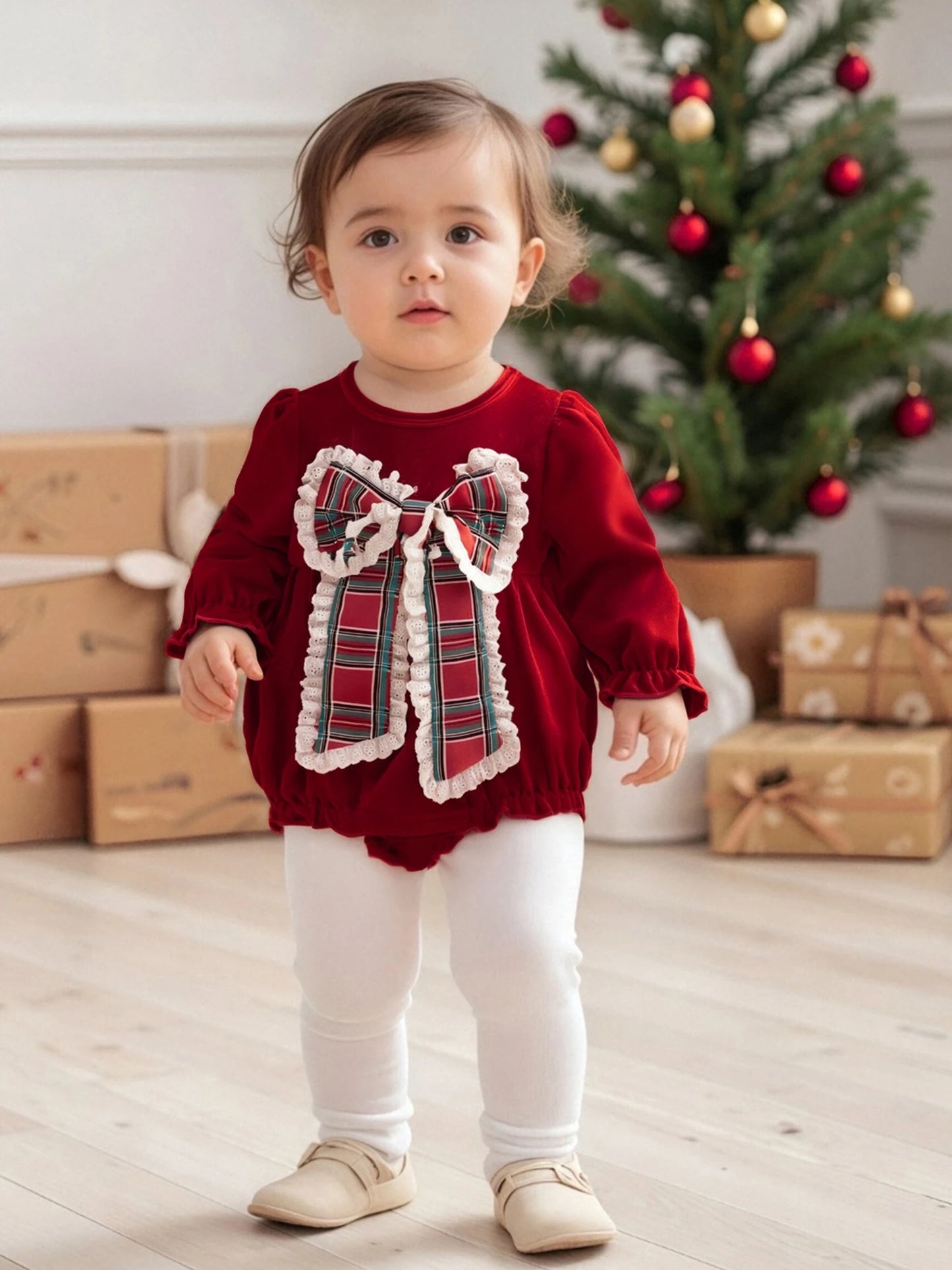 Lovely Baby Velvet Christmas Romper with Plaid Bow (0-18M)