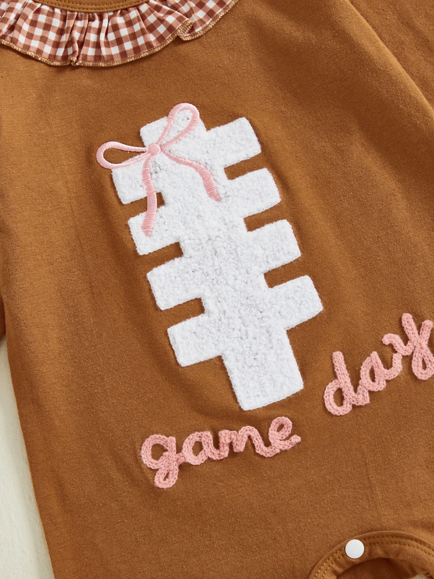 Baby Autumn Winter Romper - Plaid Print Football Embroidery Ruffled Jumpsuit (0-18M)