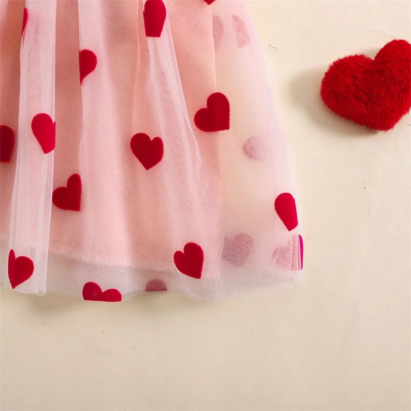 Little Girls' Princess Tulle Dress - Heart Print Ruffles 3D Bow Mesh Tutu