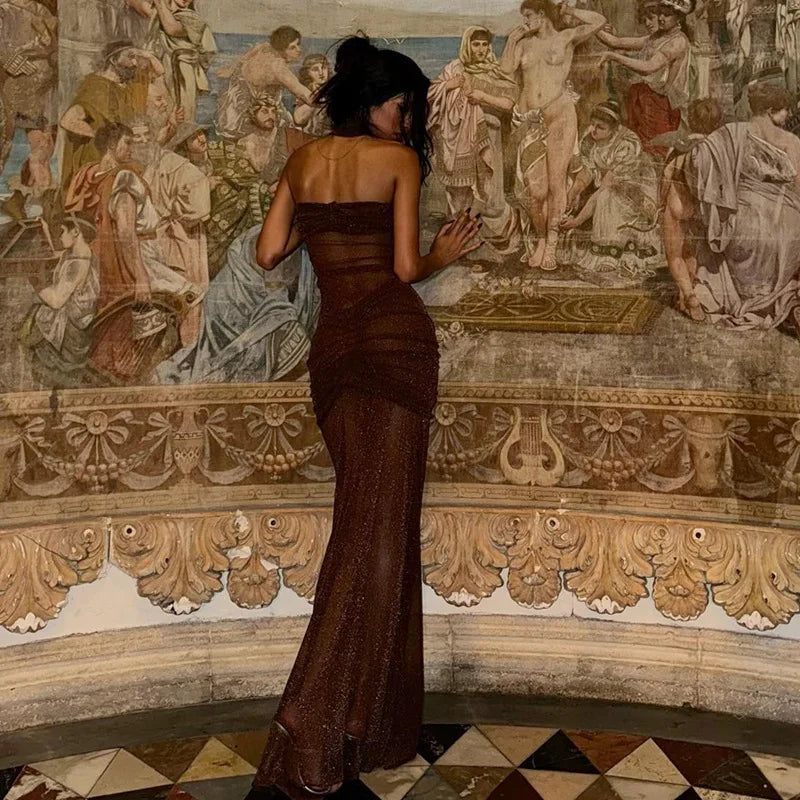 Women's Strapless Sequins Maxi Dress - Wrap Ruched Backless See Through Dress