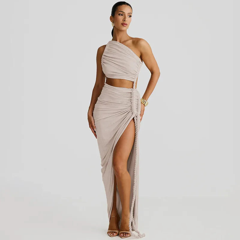 Women's Off-shoulder Thigh High Split Maxi Strapless Sleeveless Ruched Bodycon Party Dress