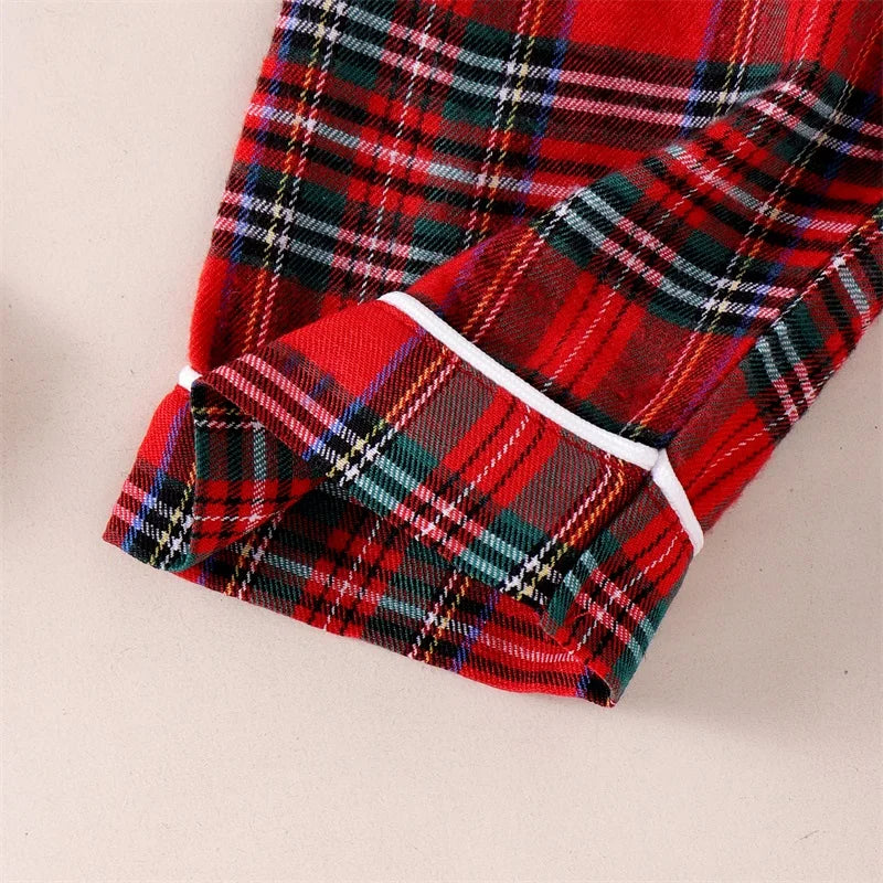 Kids Christmas Pajamas Set - Plaid Print Turn Down Collar Shirt & Pants