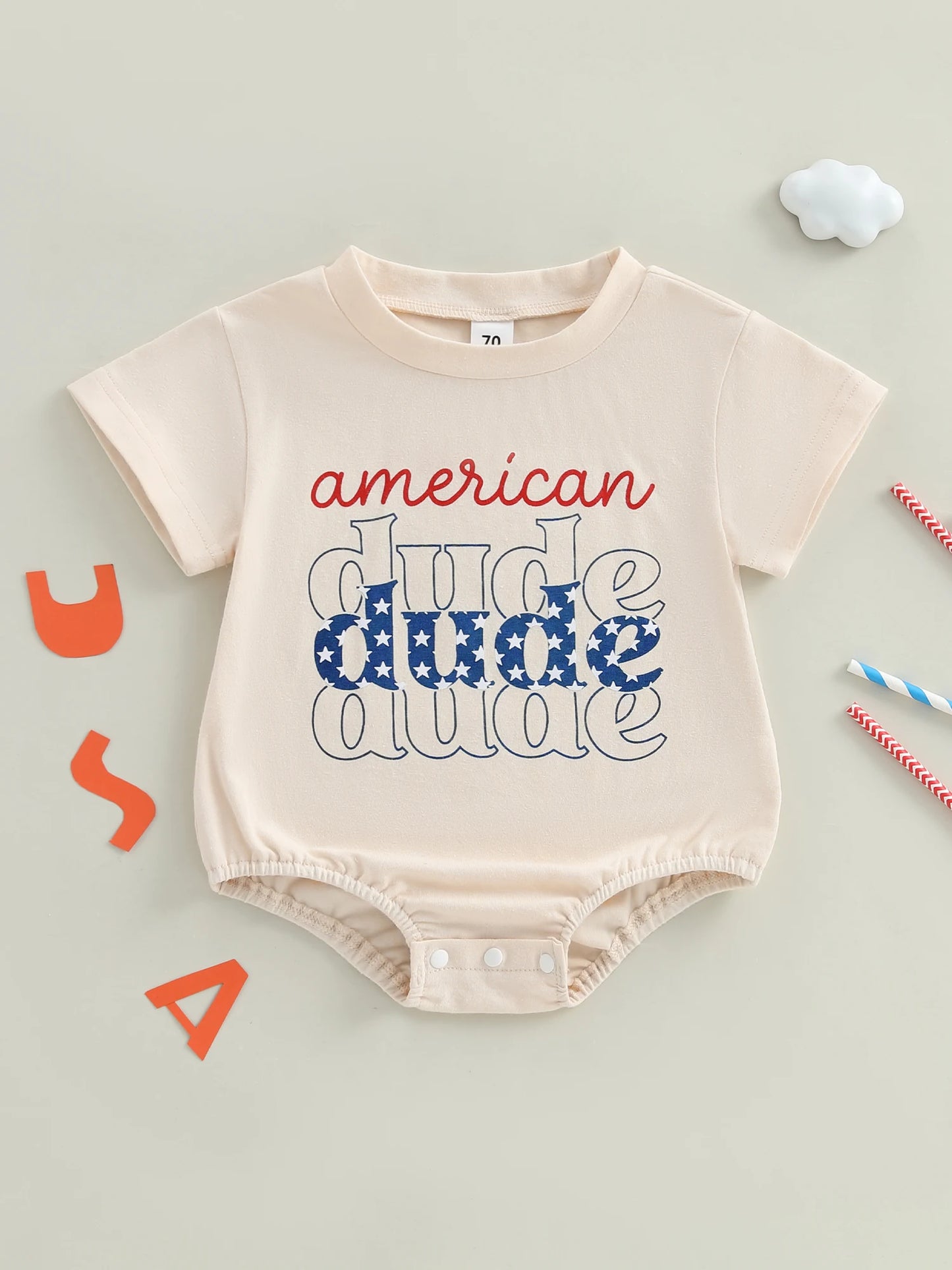 0-18M Summer Baby Boys Girls Romper Short Sleeve Crew Neck Letters Star Print Jumpsuit