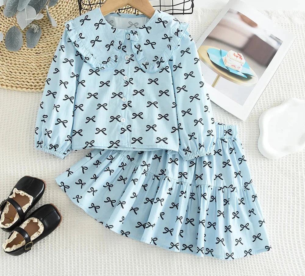 Girl's 2-6 Year Old Bow Print Long Sleeved Lapel Shirt and Skirt Two-piece Set
