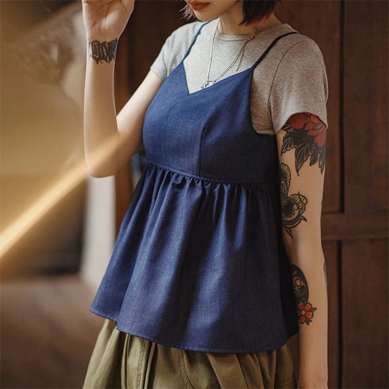 Women's Y2K Denim Vest Top - Blue V-Neck Sleeveless Tank with Ruched Details Summer Streetwear