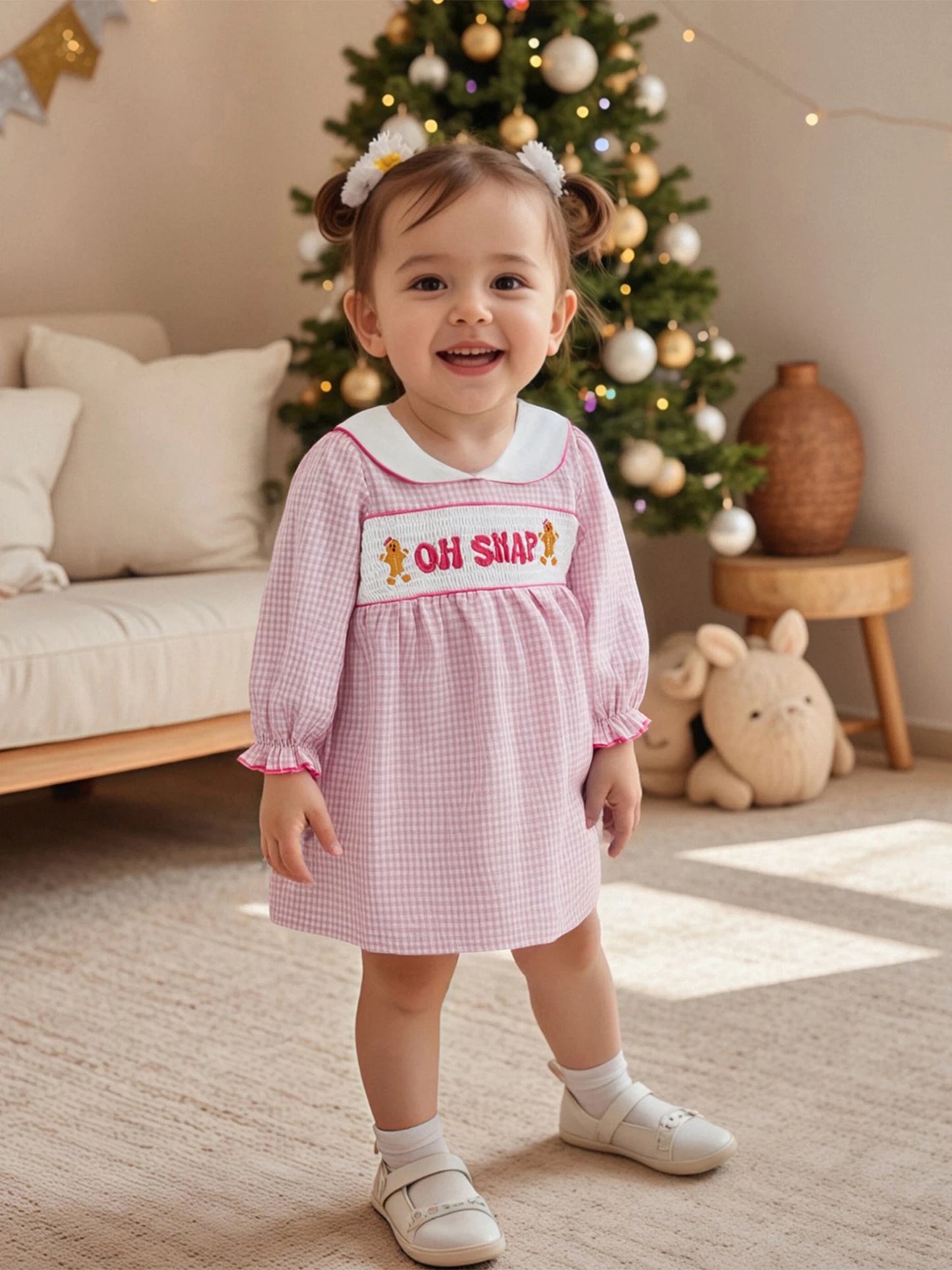 Lovely Girls Christmas Plaid Dress with Gingerbread Embroidery (1-6Y)
