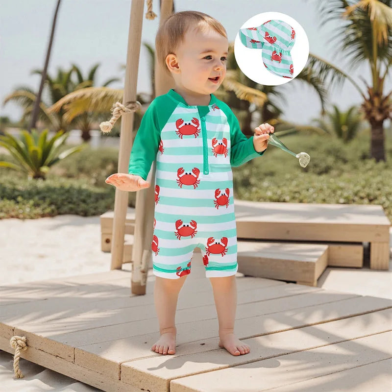 0-4Y Toddler Kids Boys Swimwear Summer Crab Stripe Print Zipper Rash Guard Swimsuit and Hat Beachwear