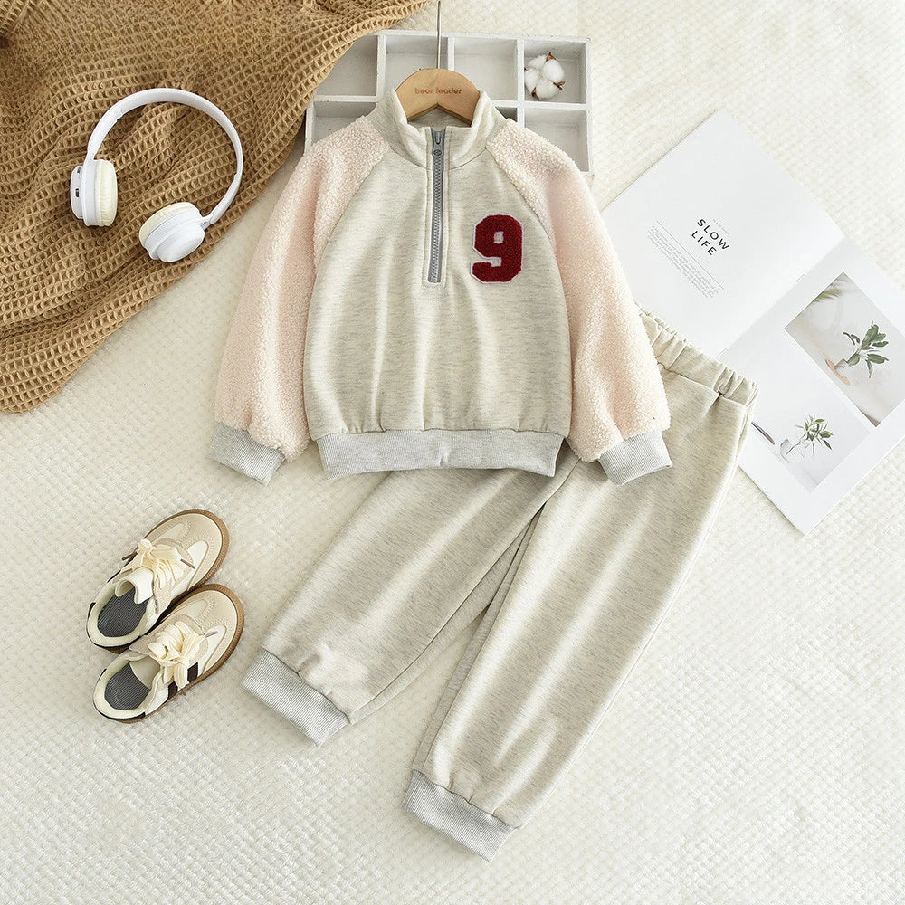 Children's Boy's Girl's Wool Patchwork Long Sleeves Sweatshirt and Pants Zipper Set