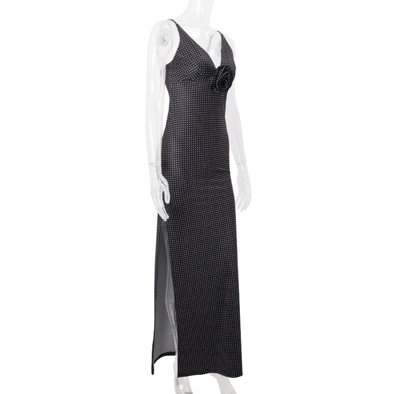 Women's Floral Applique Polka Dot Maxi Dress - Sleeveless V-Neck Summer Holiday Dress