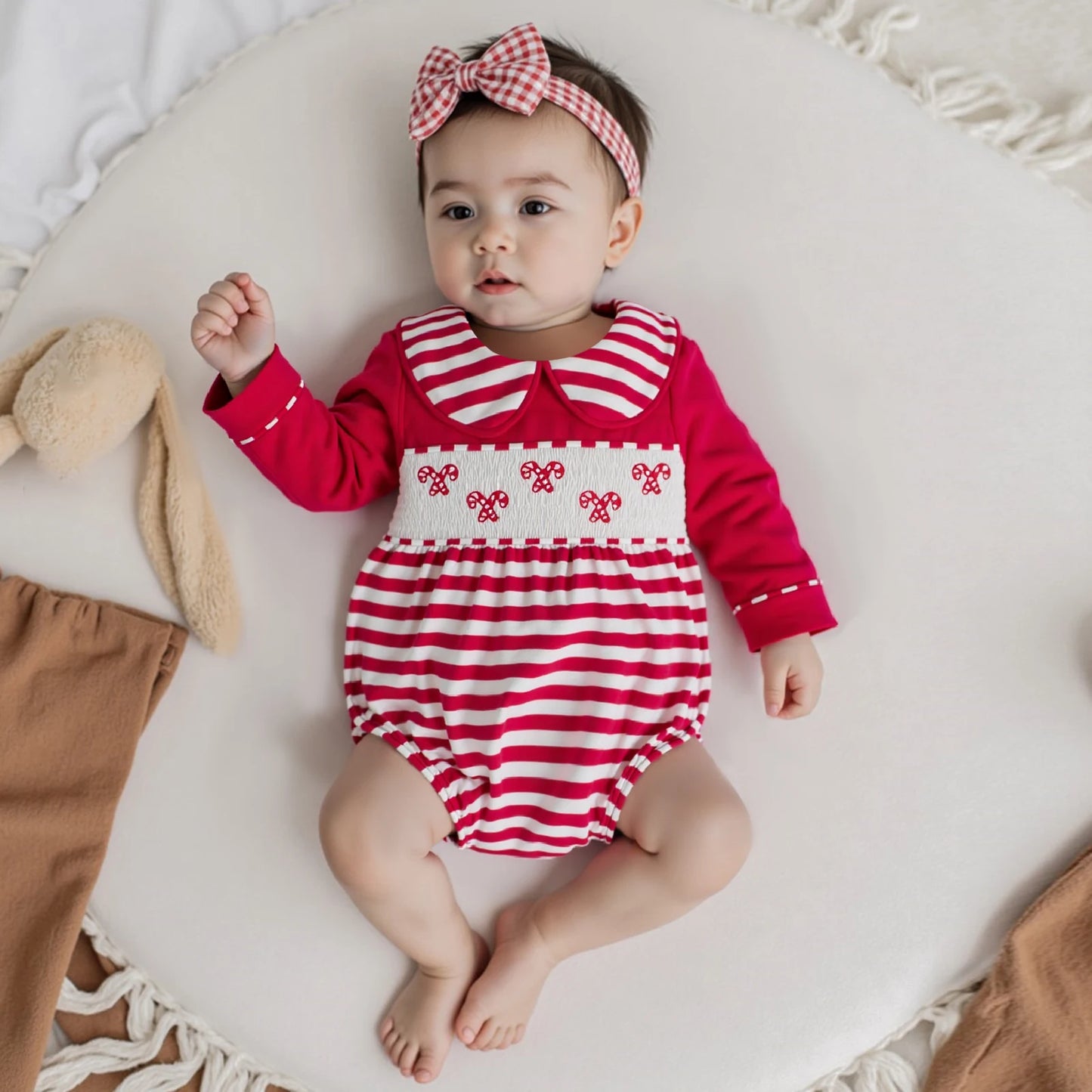 Baby Christmas Romper - Candy Cane Embroidery Long Sleeve Smocked Striped Jumpsuit