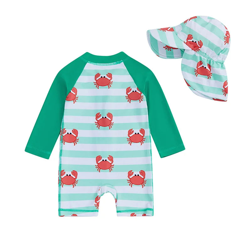 0-4Y Toddler Kids Boys Swimwear Summer Crab Stripe Print Zipper Rash Guard Swimsuit and Hat Beachwear