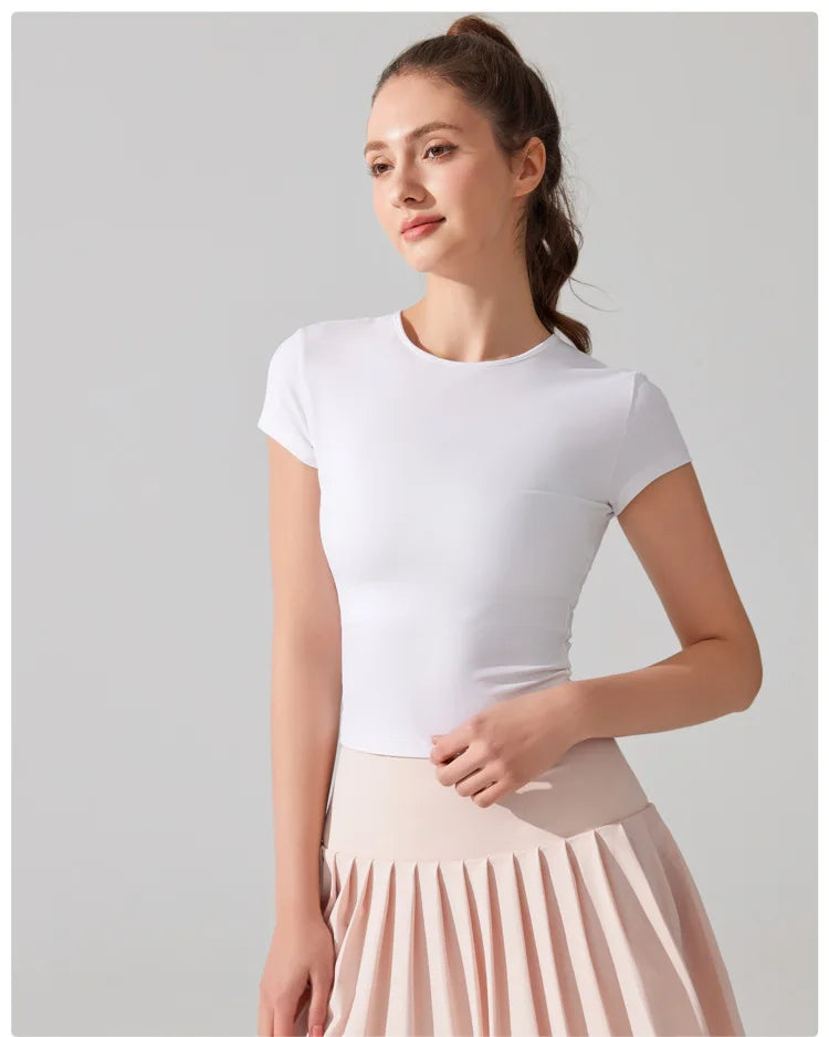 Women's Summer Short Sleeve Yoga T-Shirt Solid Color Slim Fit Gym Running Top Round Neckline Breathable Quick Dry Fitness Sportswear