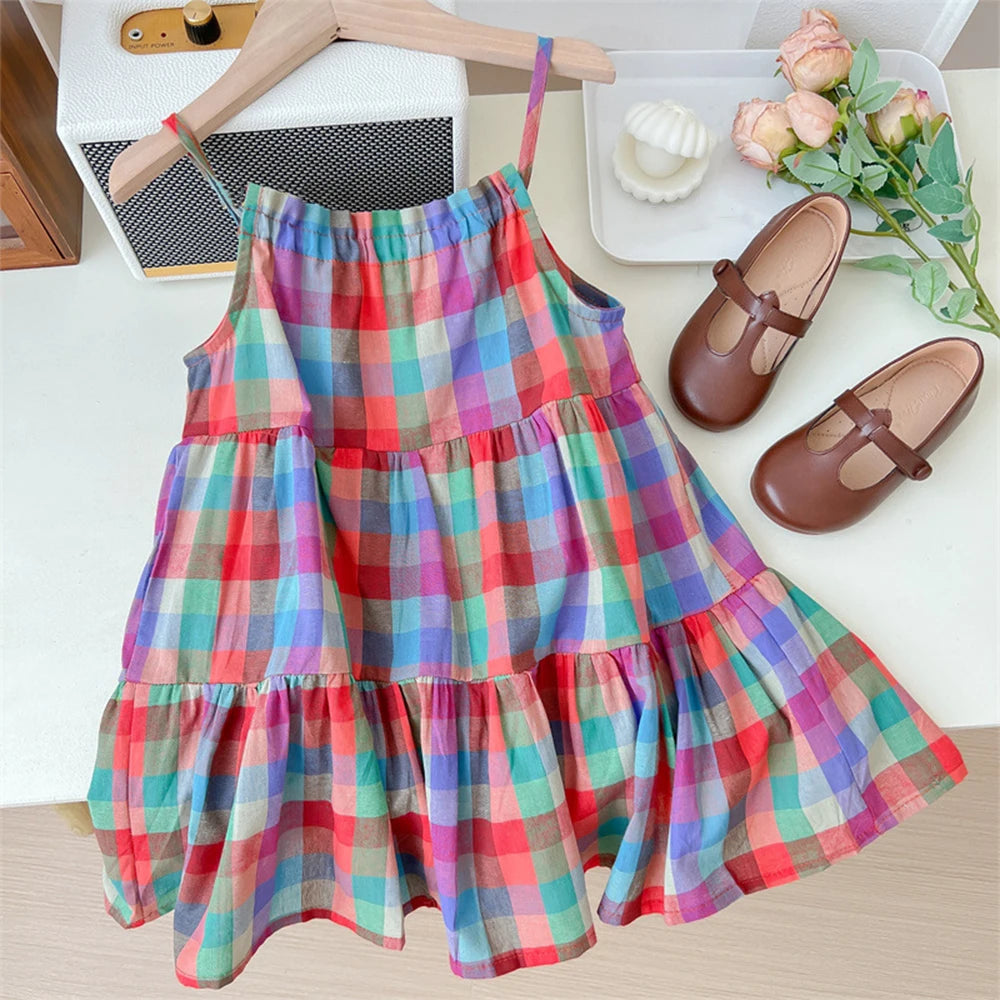 Girl's Summer Plaid Strap  Sleeveless Dress