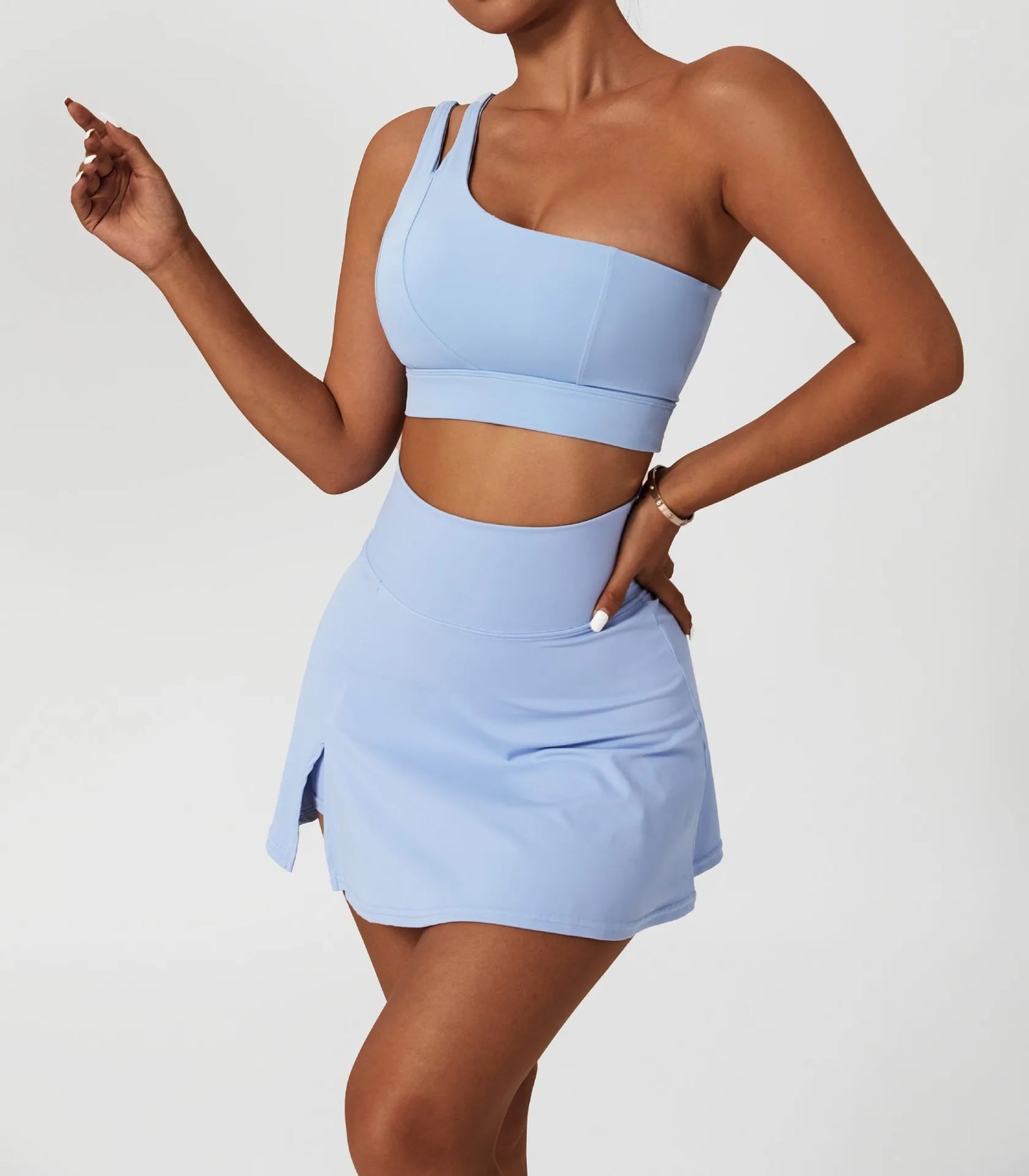 Women’s 2pc Sports Skirt Suit Outdoor Leisure Single Shoulder Bra Suit Quick Drying Tennis Set Yoga workout Skirt Set