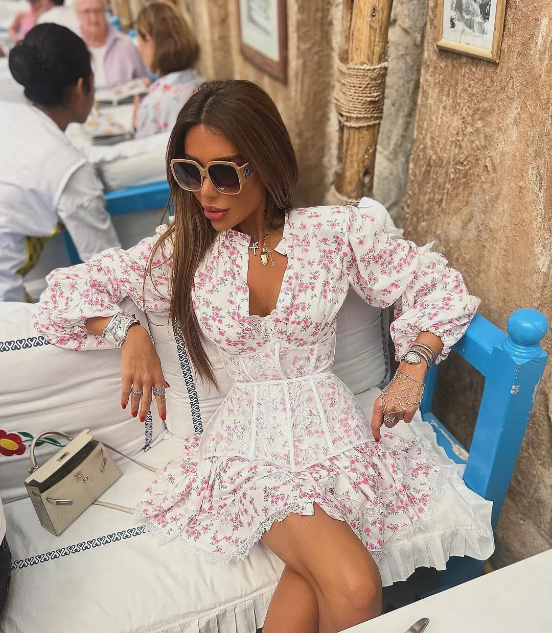 Women's V-Neck Printed Mini Lace Ruffled High Waist Long Sleeve Splice Contrast Slim Fit Bandage Dress