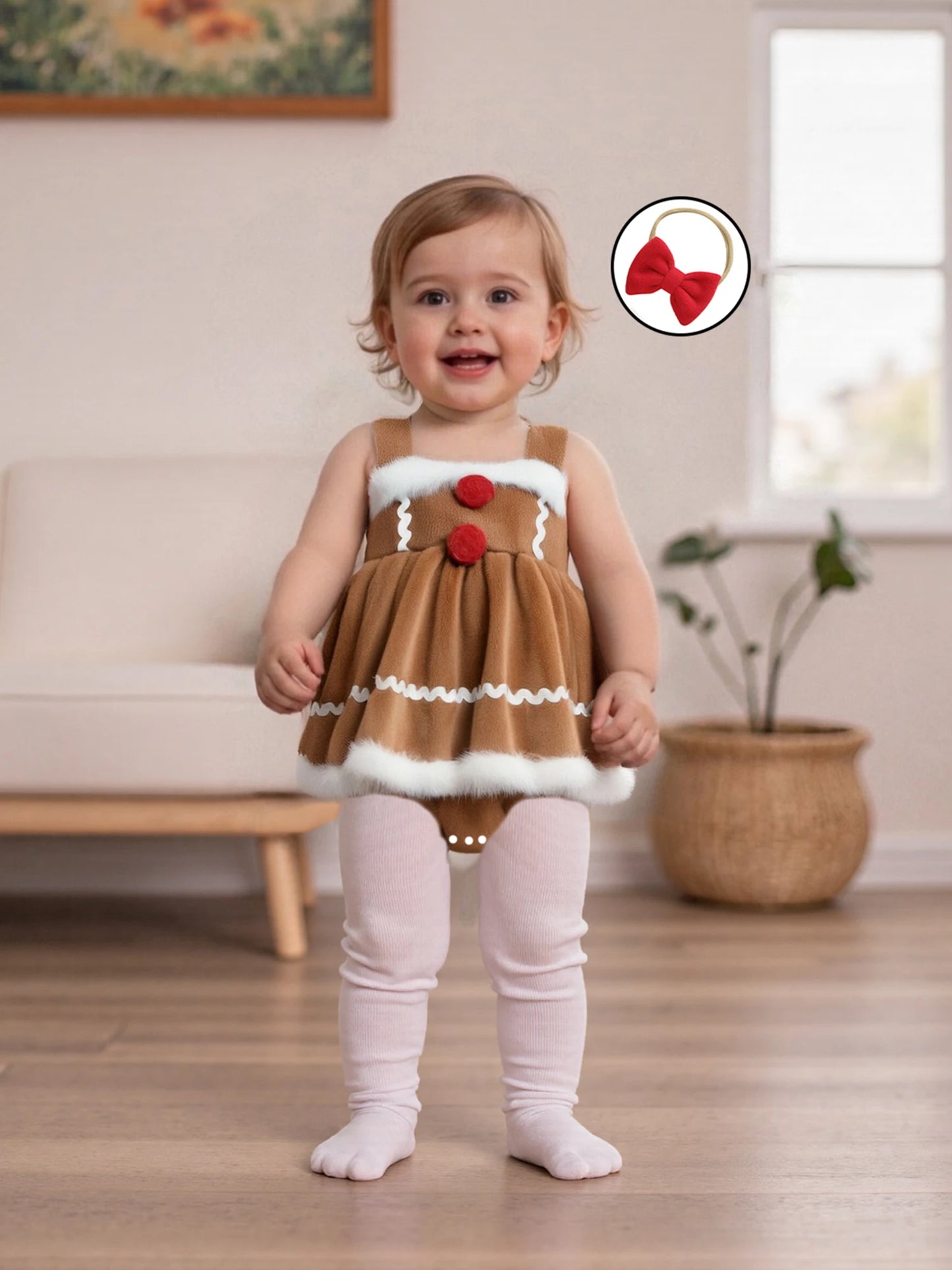 Baby Girls Princess Christmas Romper Dress with Bow Headband - Gingerbread Design