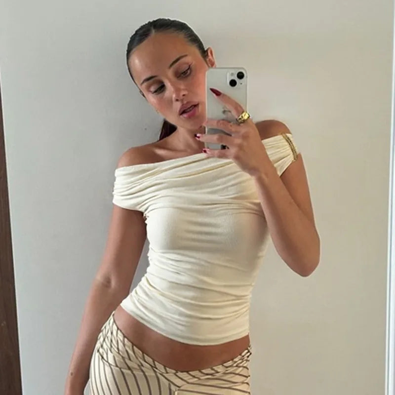 Women's Off Shoulder Ruched Cropped Top - Summer Sleeveless Backless Tee