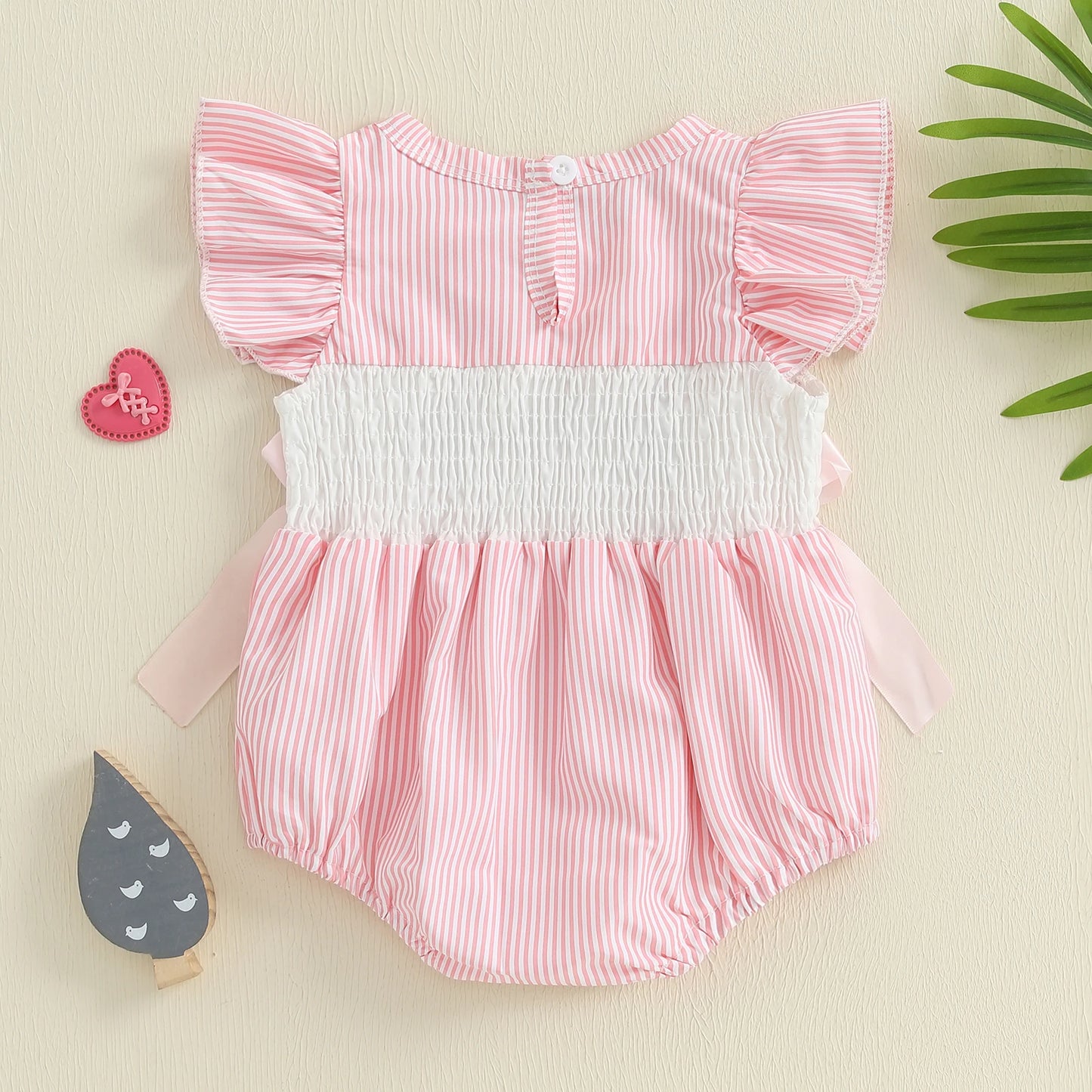 Baby Girls Striped Duck Embroidery Romper - Short Sleeve Jumpsuit with Bow (0-18M)