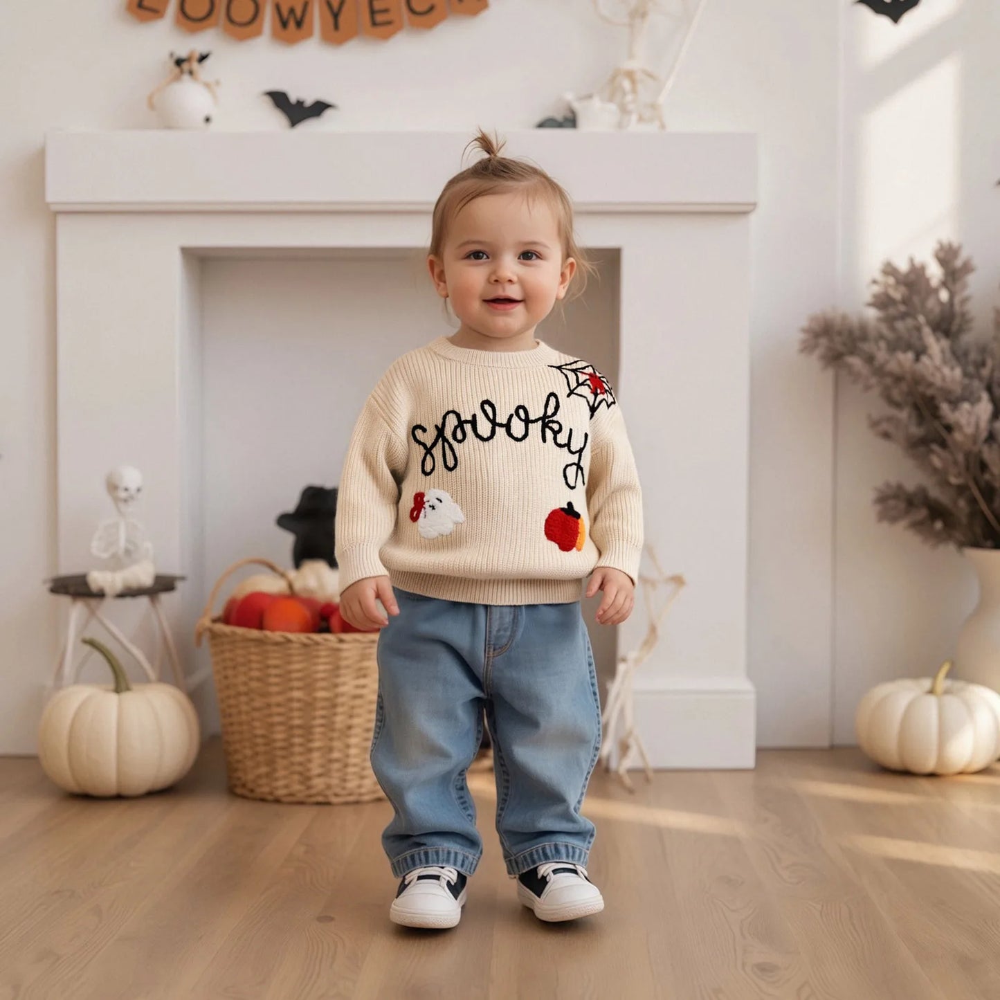 Baby Halloween Knit Sweater - Letter Ghost Pumpkin Spider Web Embroidery