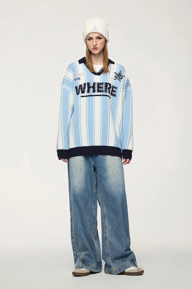 Unisex Vertical Stripe Cozy Retro Sporty Loose Colorblock Knit Pullover Top Sweater