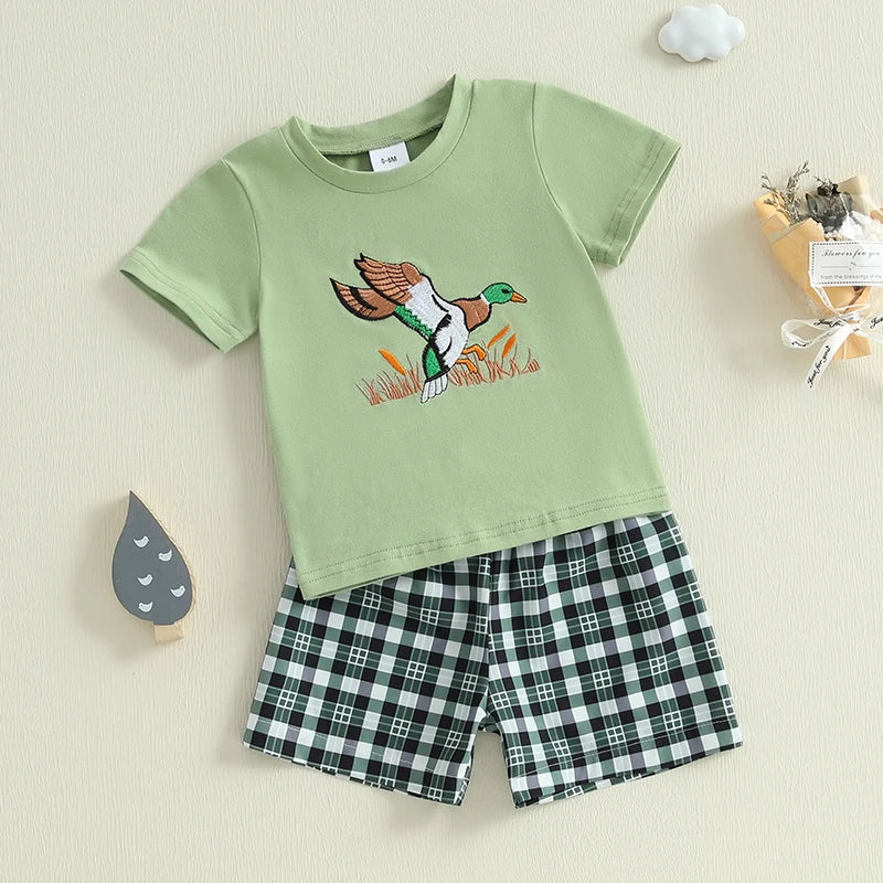 Summer Baby Boys Casual Outfit Set - Duck Embroidery T-Shirt & Plaid Shorts (0-3Y)