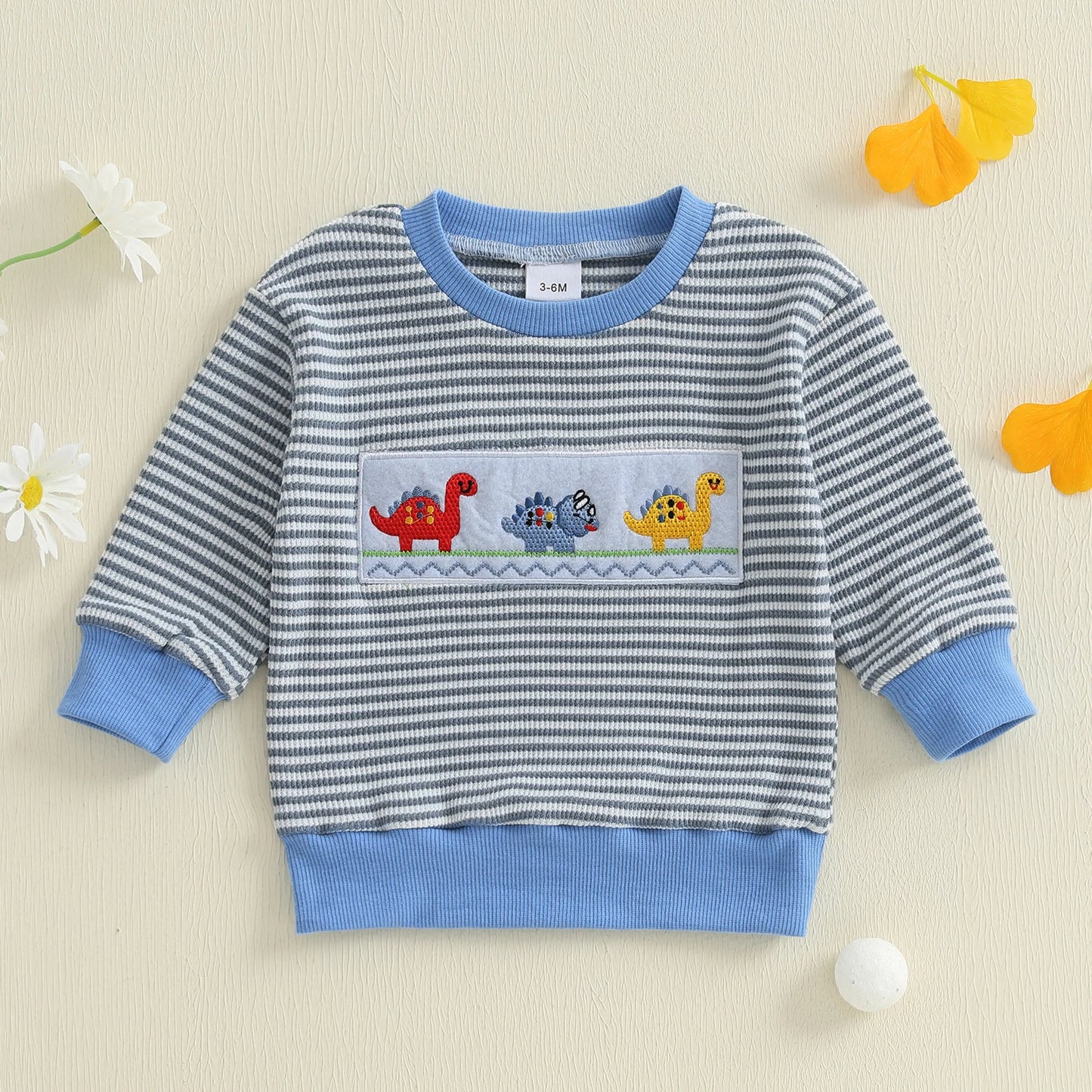 Baby Boys Car/Dinosaur Embroidered Striped Print Pullover Waffle Knit Top