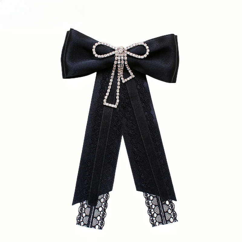 Black Fabric Bow Brooch - College Style Crystal Collar Pin