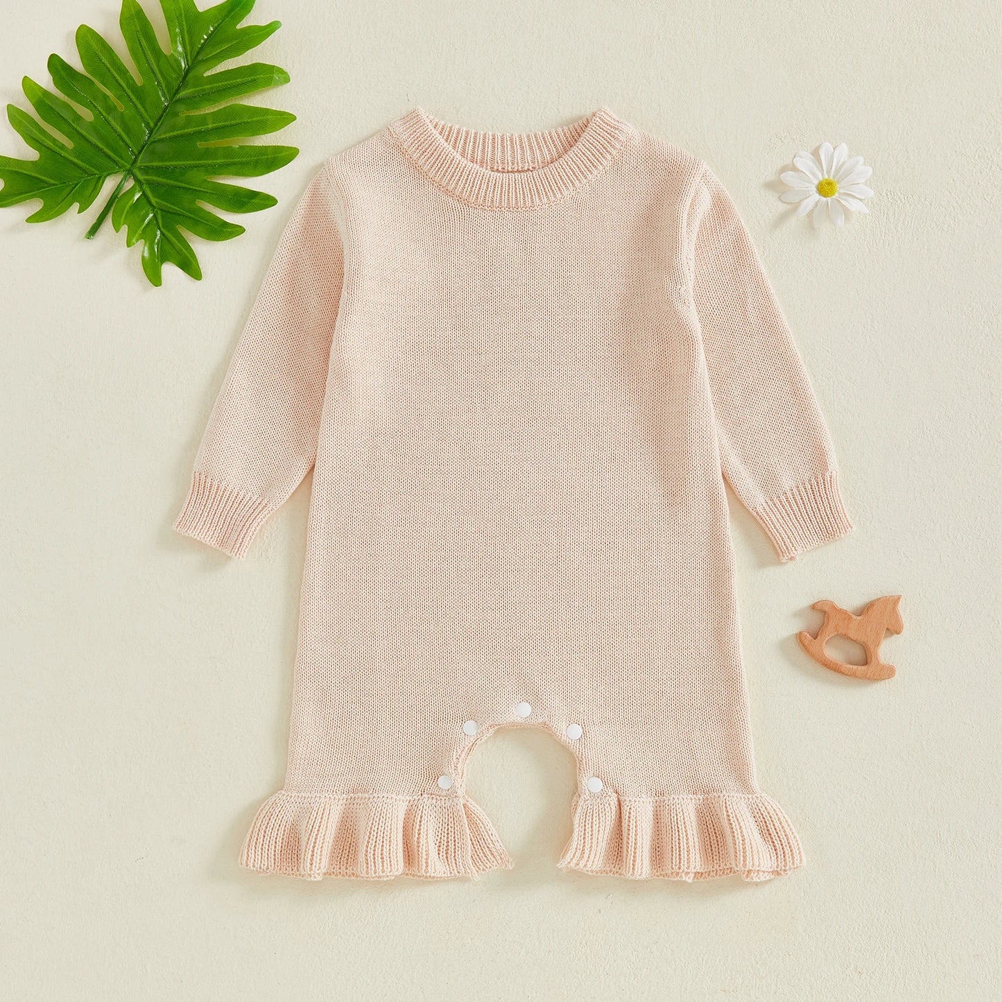 Baby Girl's Knit Romper - Long Sleeve Crew Neck Solid Jumpsuit Sweater