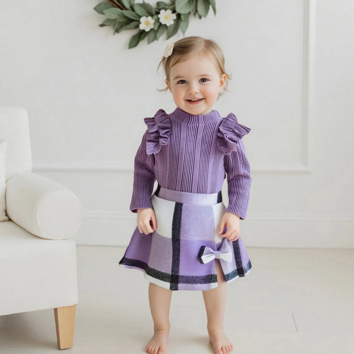 Girl's Skirt Set - Long Sleeve Crew Neck T-Shirt with Plaid Skirt
