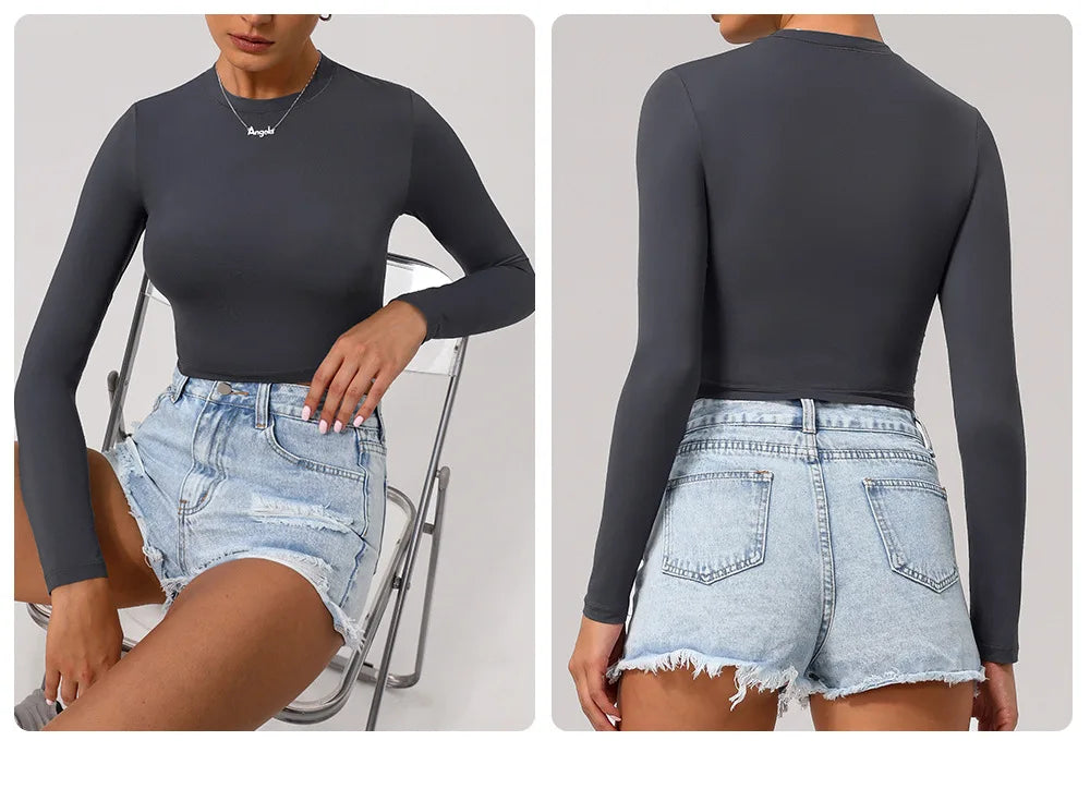 Women's Slim Fit Yoga Shirt Solid Colour Long Sleeve Gym Running Top Breathable Quick Dry Workout Crop Top Sportswear