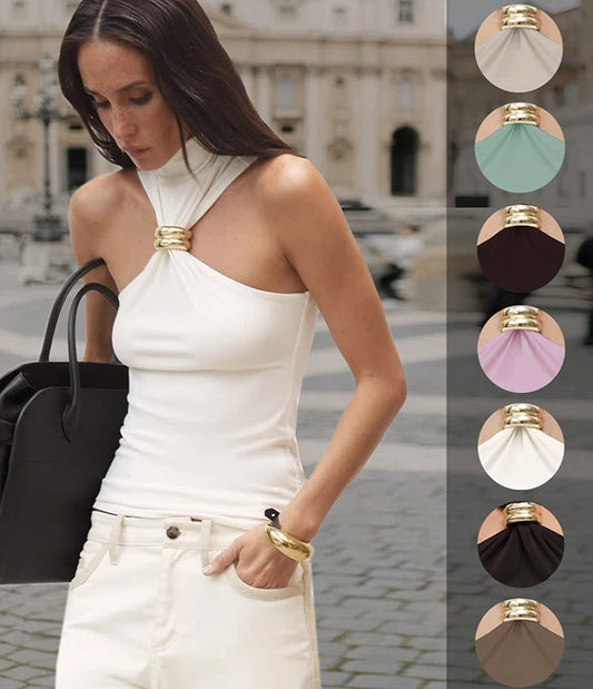 Women's Cut Out Sleeveless Turtleneck Tops Embellished Elegant Solid Top