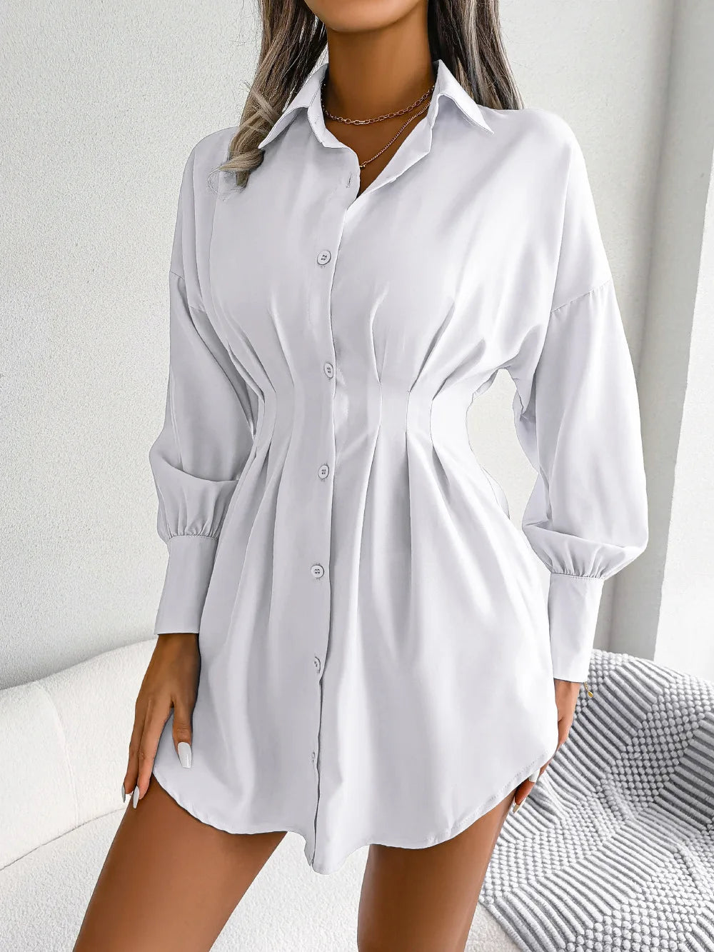 Women's Autumn Winter Casual Lantern Sleeve High Waist Asymmetric Dress Shirt Dress