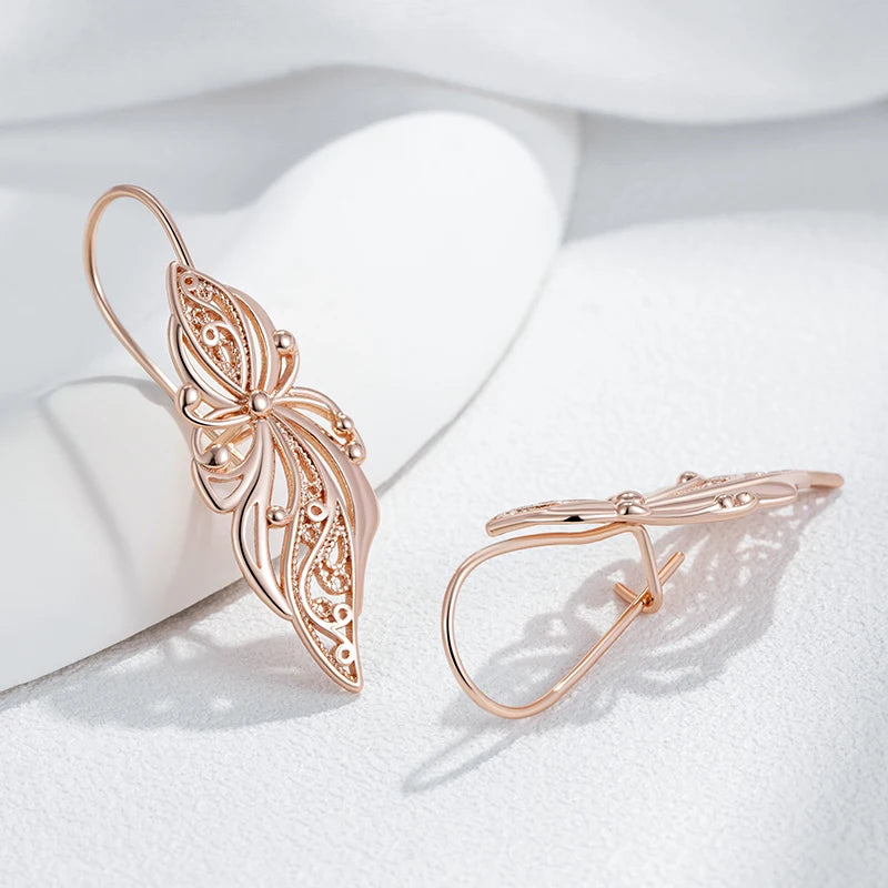 Glossy Rose Gold Dangle Earrings - Elegant Flower Design for Daily Wear